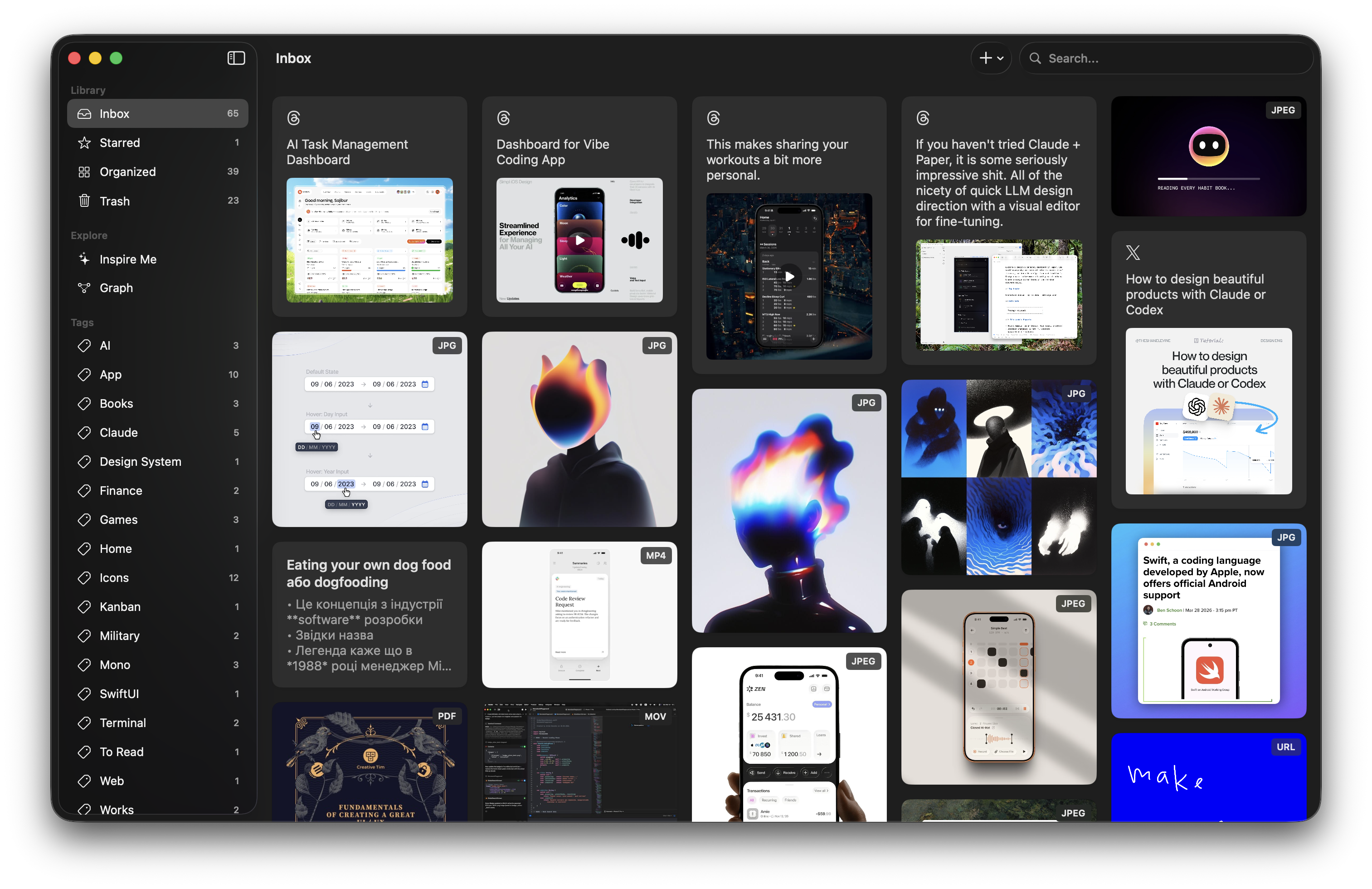 Quark app — masonry grid with saved links, notes, images and more