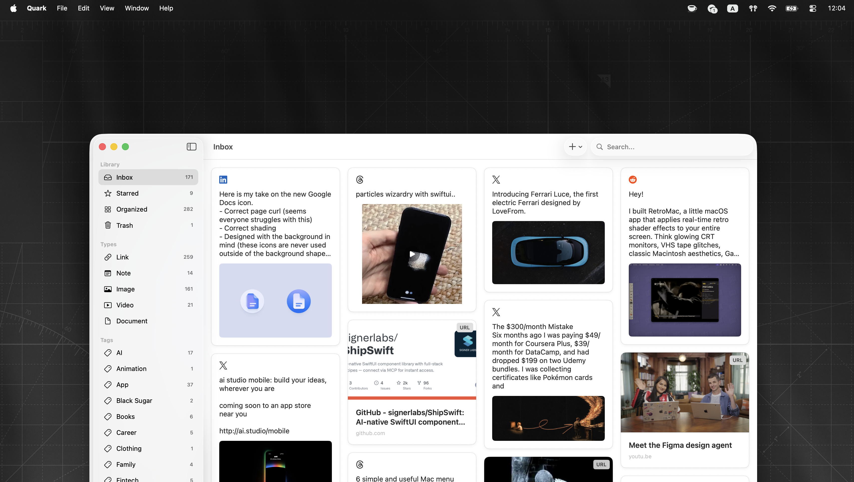 Quark Inbox with LinkedIn, X, Reddit, and Threads previews