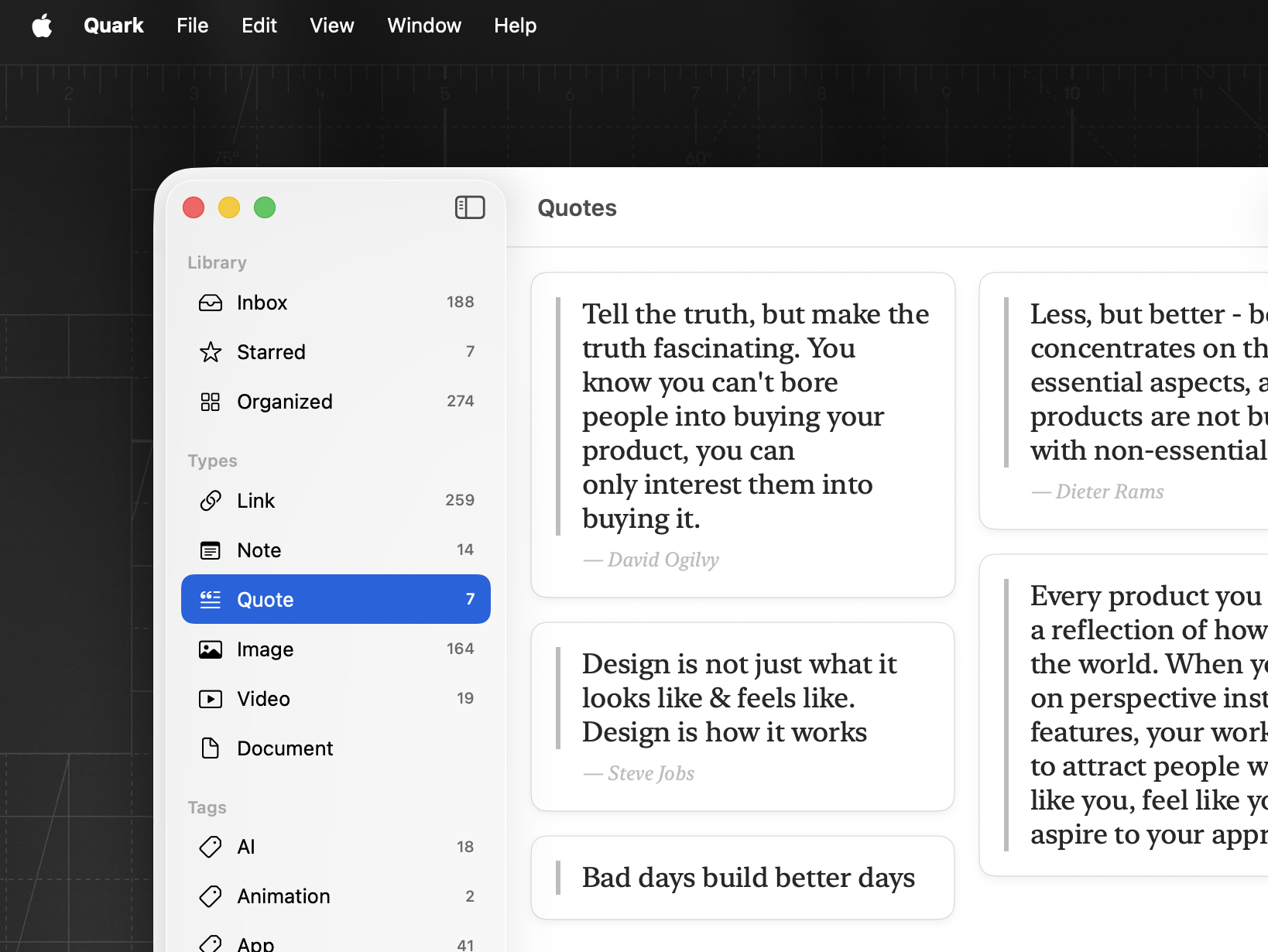 Quotes shown in a clean serif reading layout in Quark