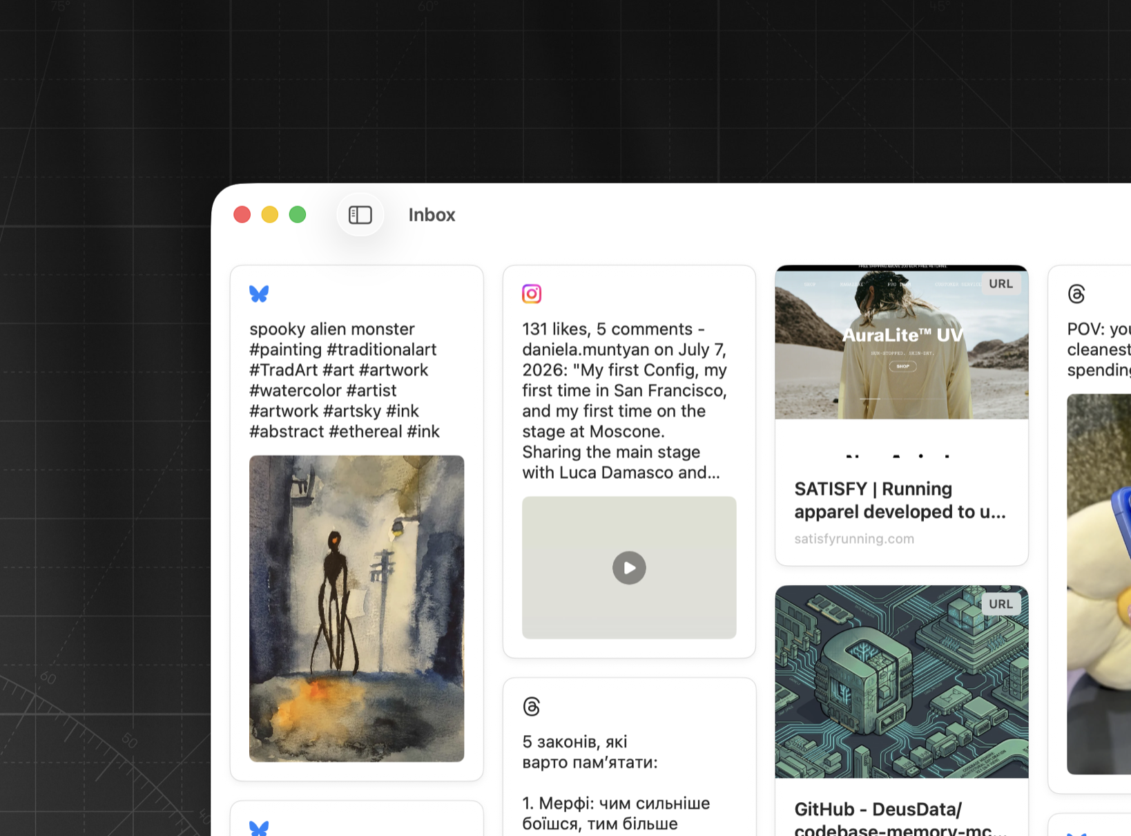 Quark Inbox showing Bluesky, Instagram, and Threads card previews