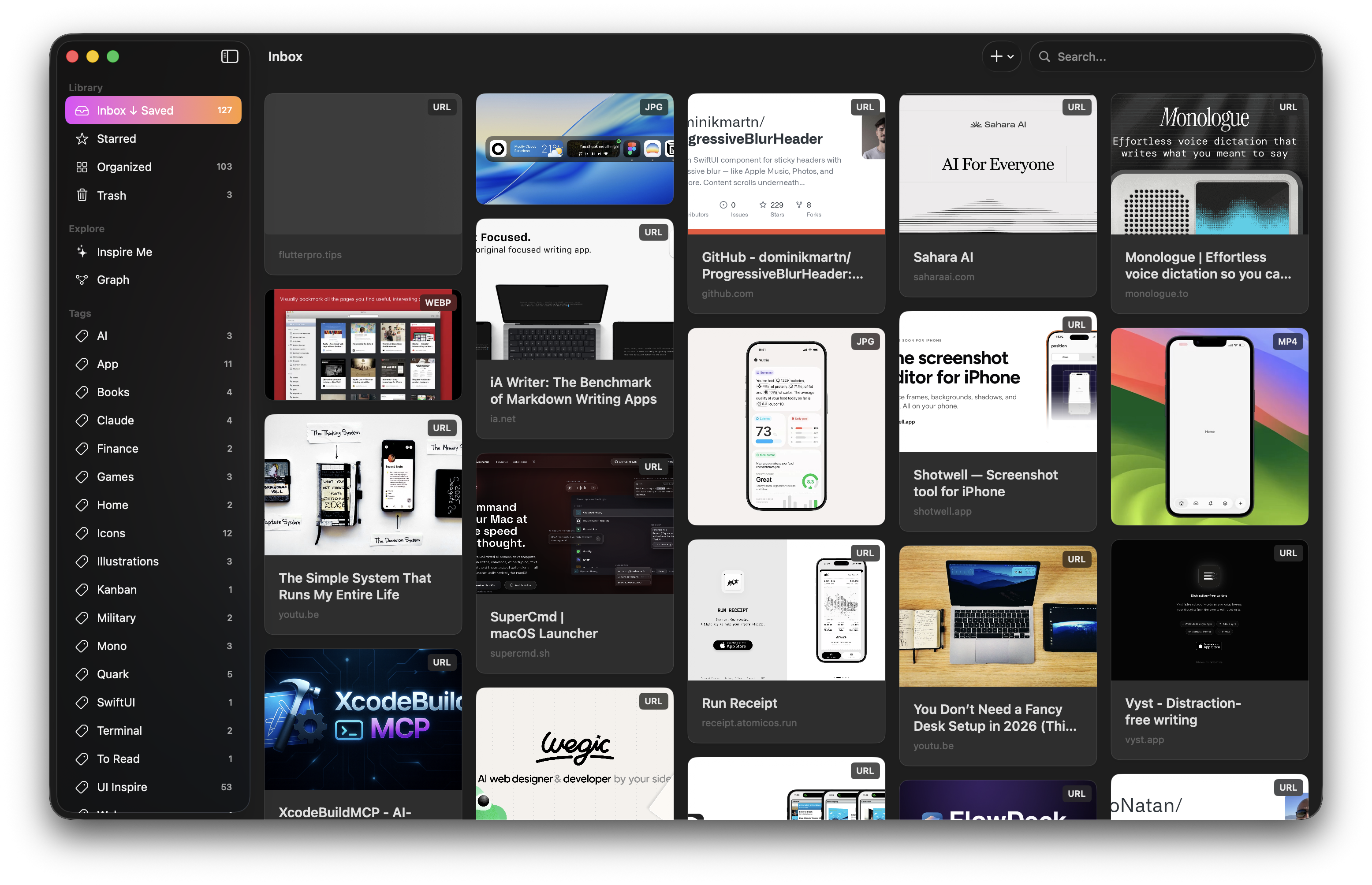 Quark Inbox view with saved links, images and notes