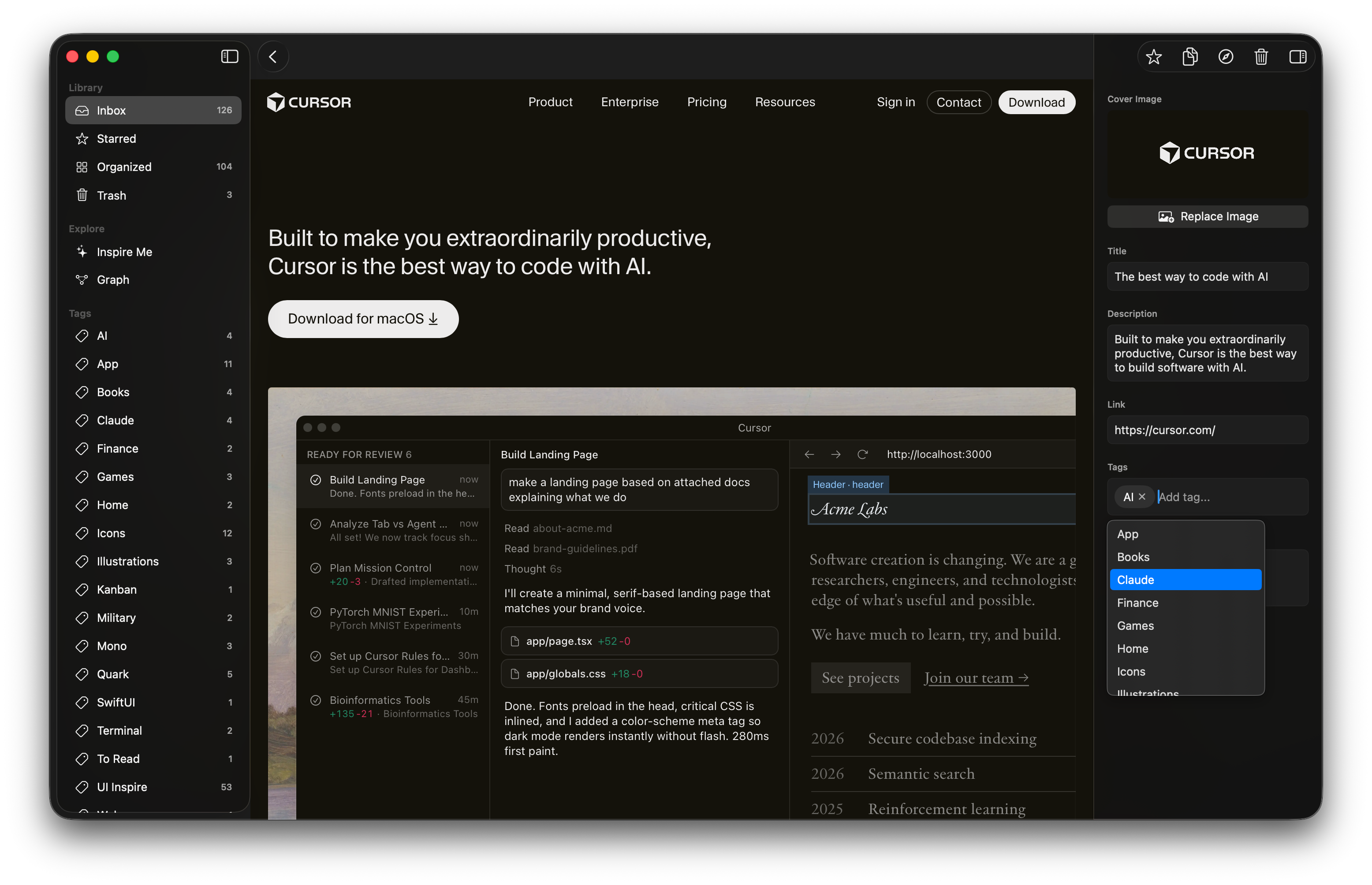 Quark item detail view with tags dropdown